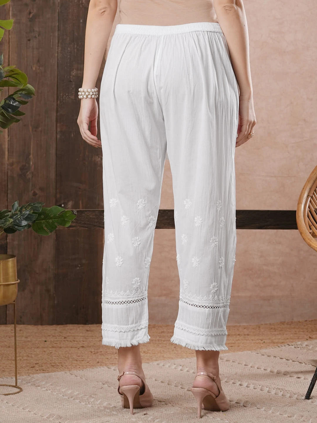 Ada Hand Embroidered White Cotton Lucknowi Chikankari Palazzo A711180