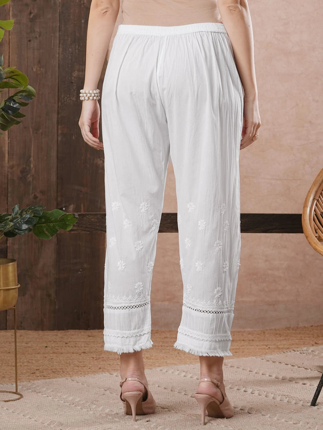 Ada Hand Embroidered White Cotton Lucknowi Chikankari Palazzo A711180