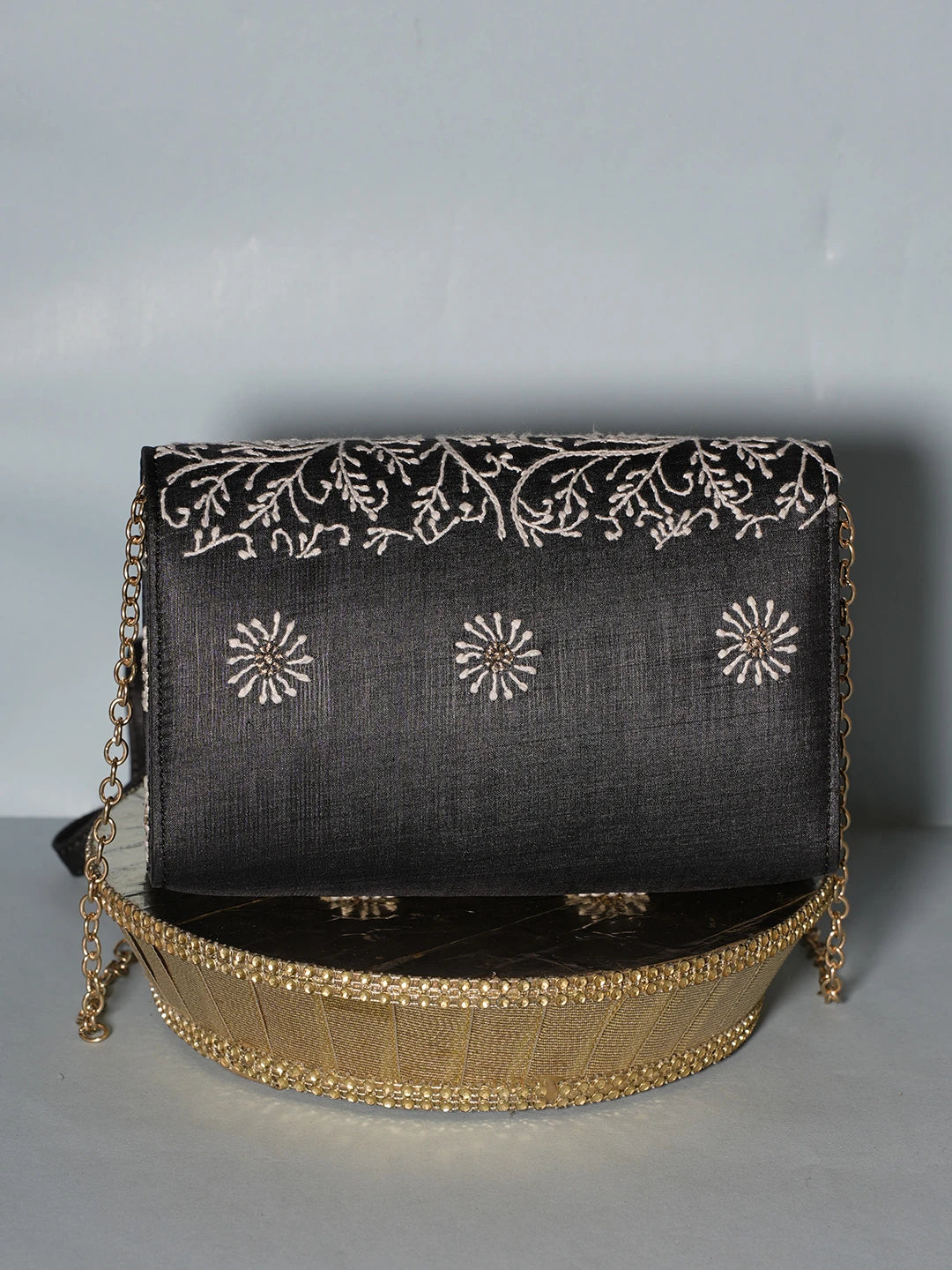 Ada Hand Embroidered Black Silk Lucknowi Chikankari Clutch With Zari Work 01A538756