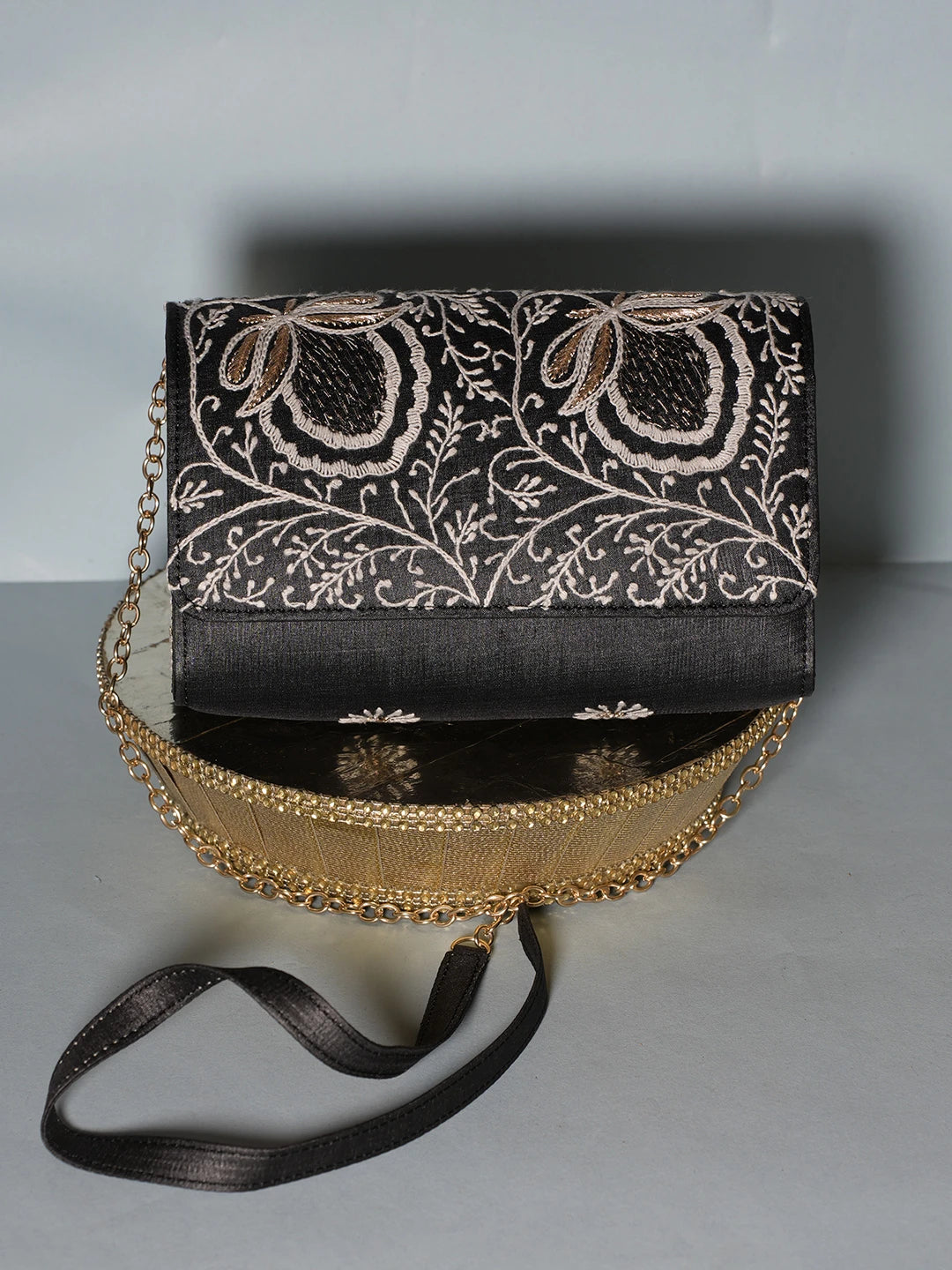 Ada Hand Embroidered Black Silk Lucknowi Chikankari Clutch With Zari Work 01A538756