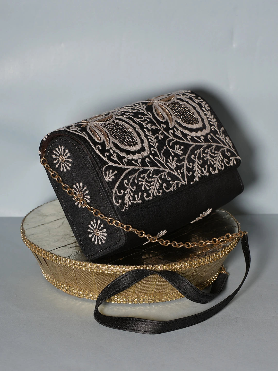 Ada Hand Embroidered Black Silk Lucknowi Chikankari Clutch With Zari Work 01A538756