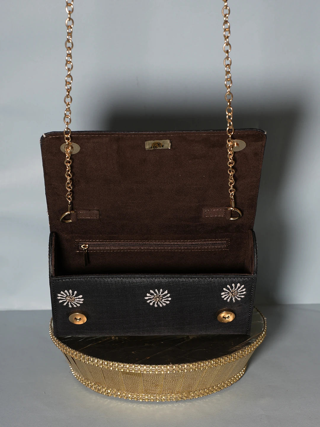 Ada Hand Embroidered Black Silk Lucknowi Chikankari Clutch With Zari Work 01A538756