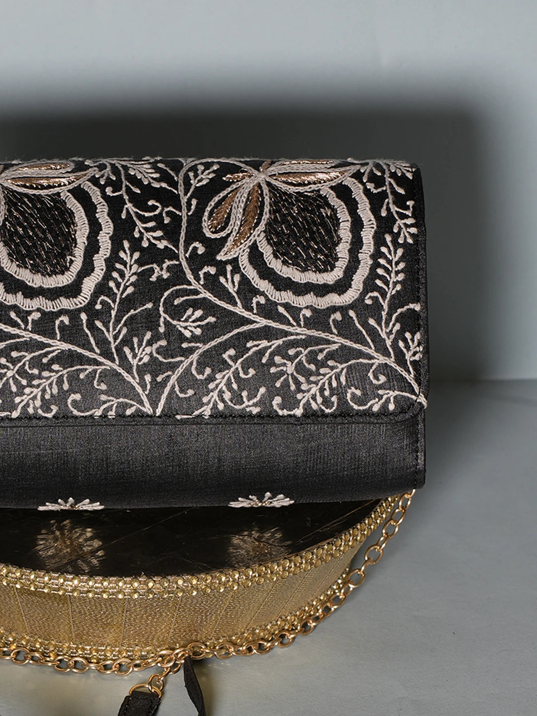 Ada Hand Embroidered Black Silk Lucknowi Chikankari Clutch With Zari Work 01A538756