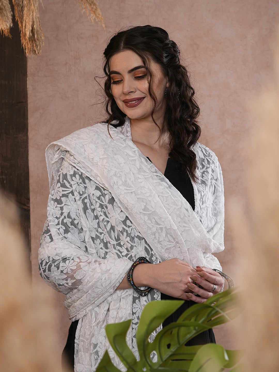 Ada Hand Embroidered White Net Jal Lucknowi Chikankari Dupatta A567879