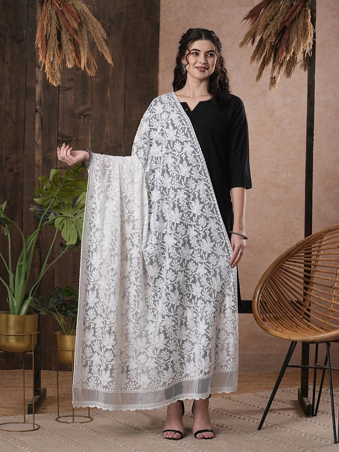 Ada Hand Embroidered White Net Jal Lucknowi Chikankari Dupatta A567879
