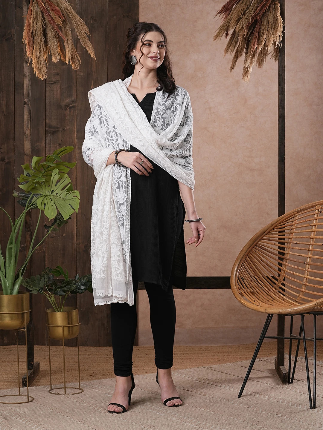 Ada Hand Embroidered White Net Jal Lucknowi Chikankari Dupatta A567879