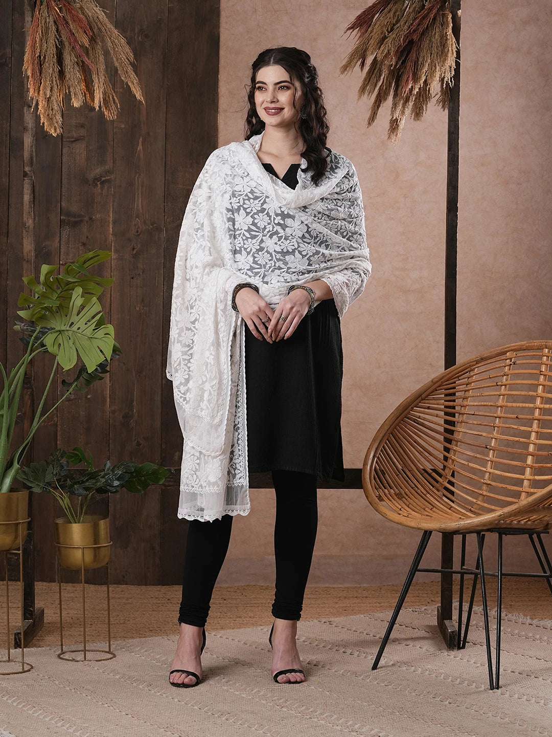 Ada Hand Embroidered White Net Jal Lucknowi Chikankari Dupatta A567879