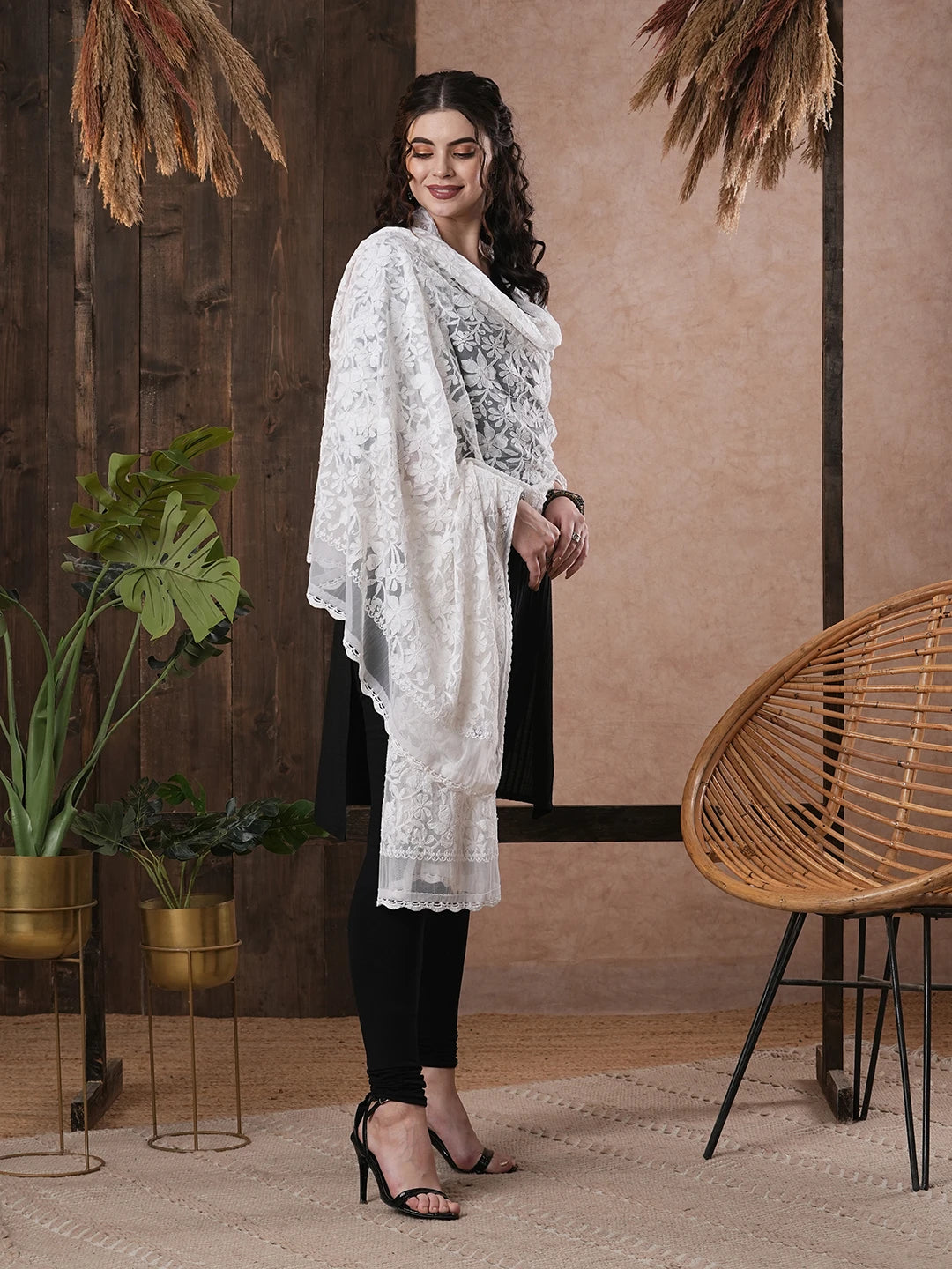 Ada Hand Embroidered White Net Jal Lucknowi Chikankari Dupatta A567879