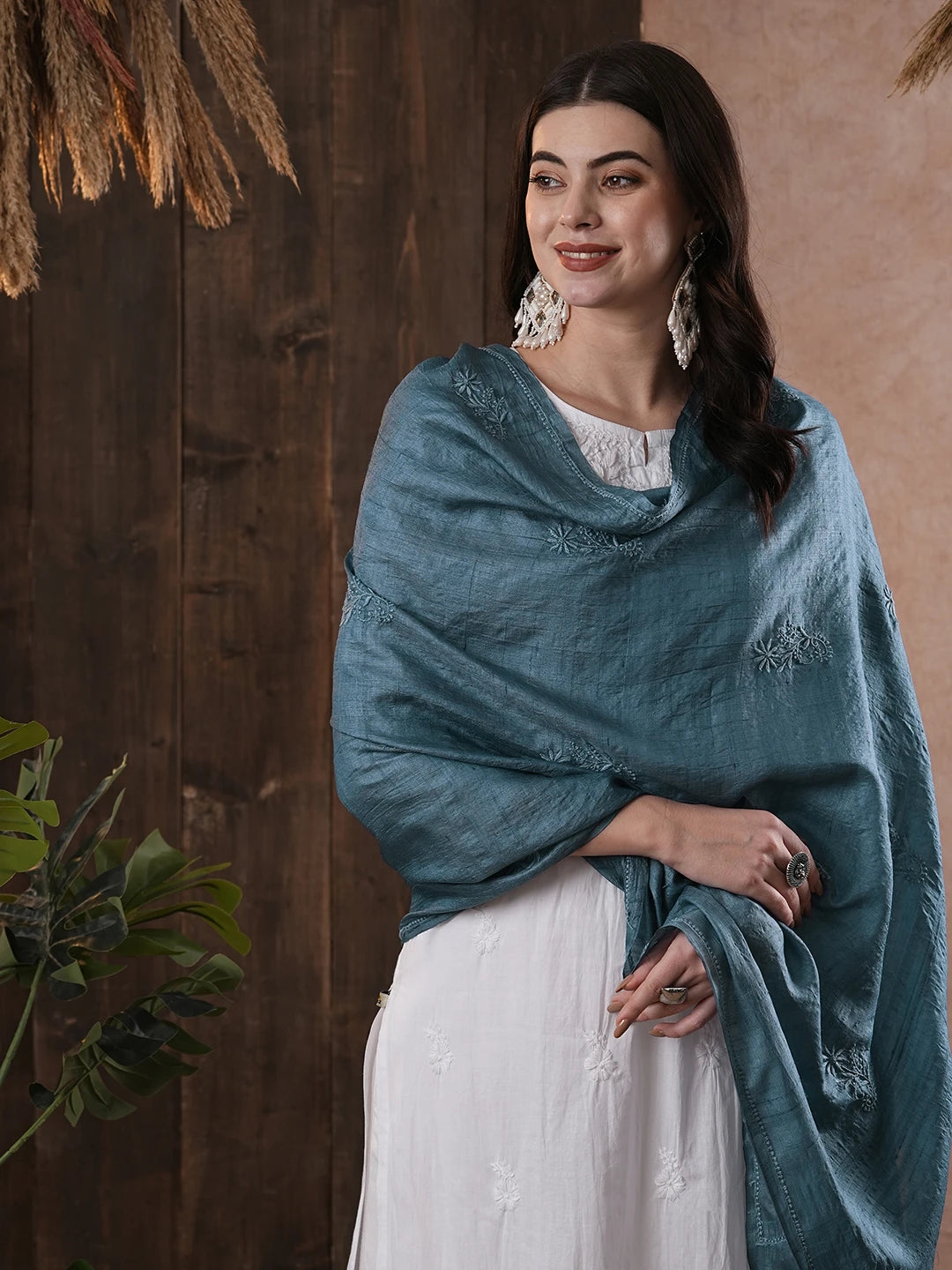 Ada Hand Embroidered Cool Blue Silk Lucknowi Chikankari Dupatta 01A292055