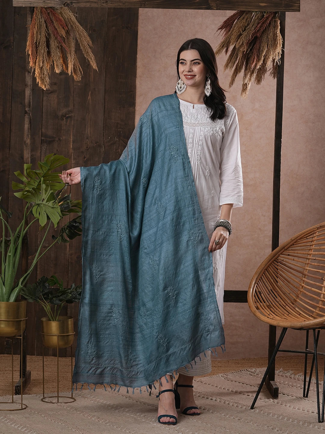 Ada Hand Embroidered Cool Blue Silk Lucknowi Chikankari Dupatta 01A292055