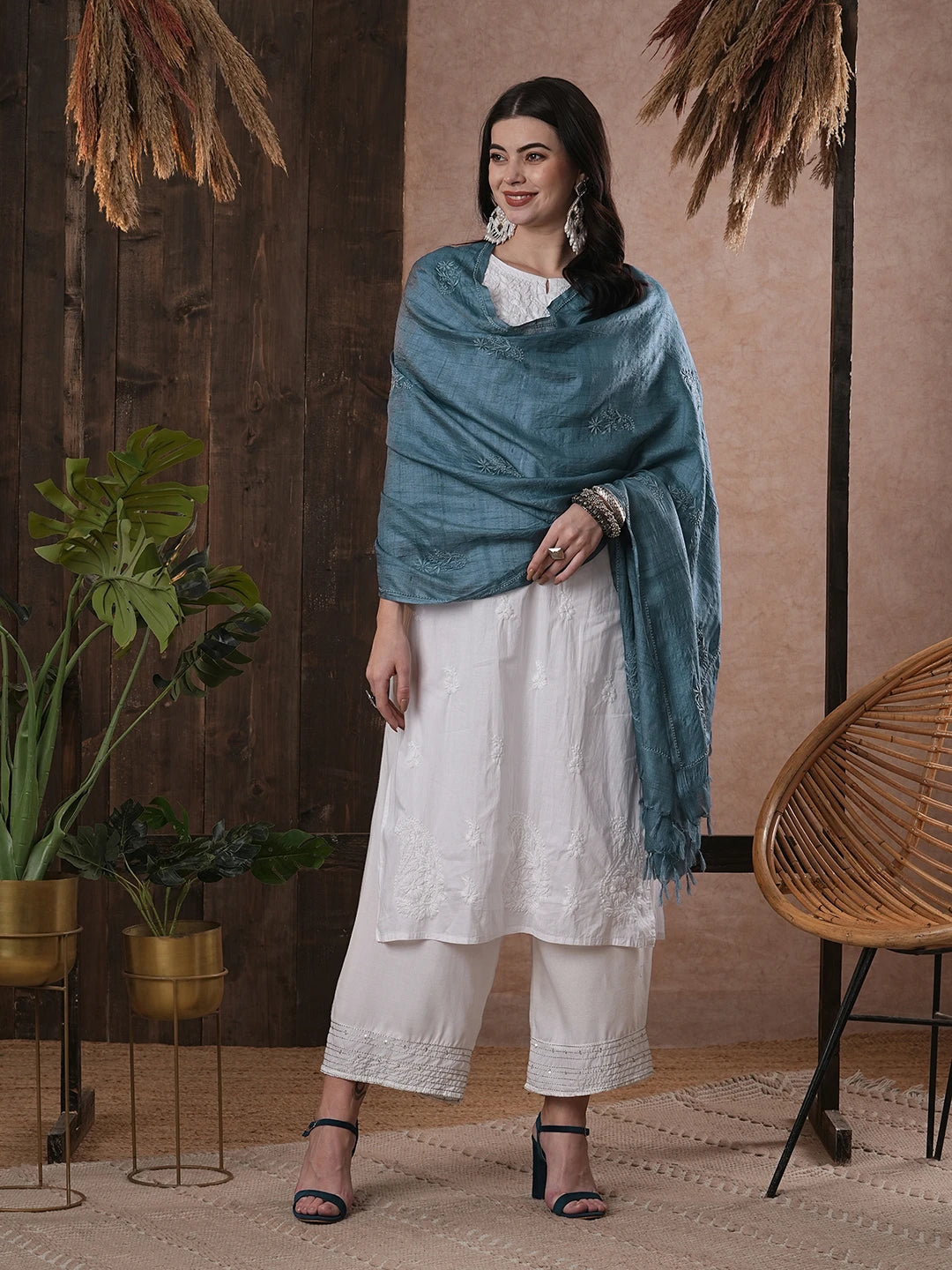 Ada Hand Embroidered Cool Blue Silk Lucknowi Chikankari Dupatta 01A292055