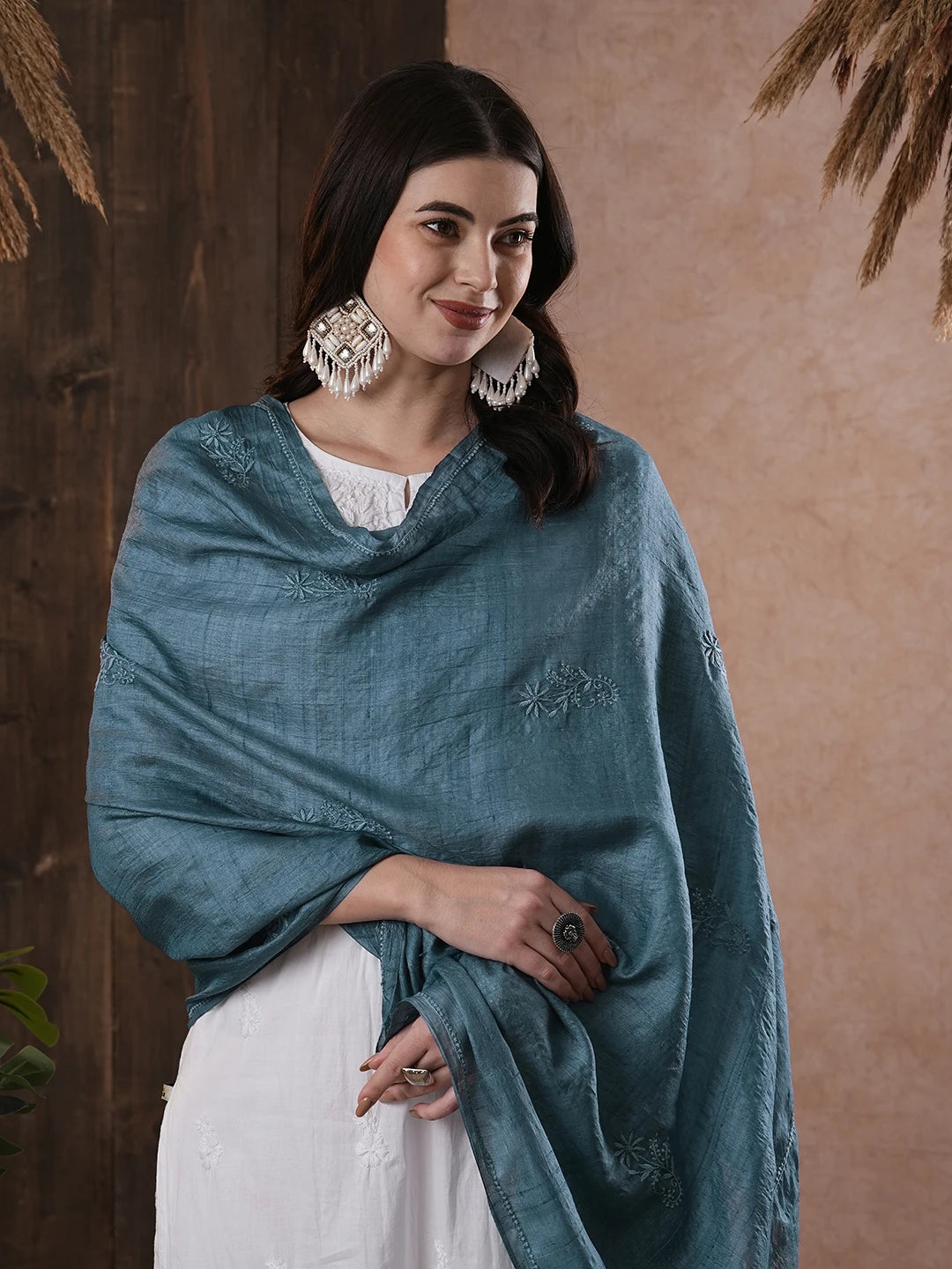 Ada Hand Embroidered Cool Blue Silk Lucknowi Chikankari Dupatta 01A292055