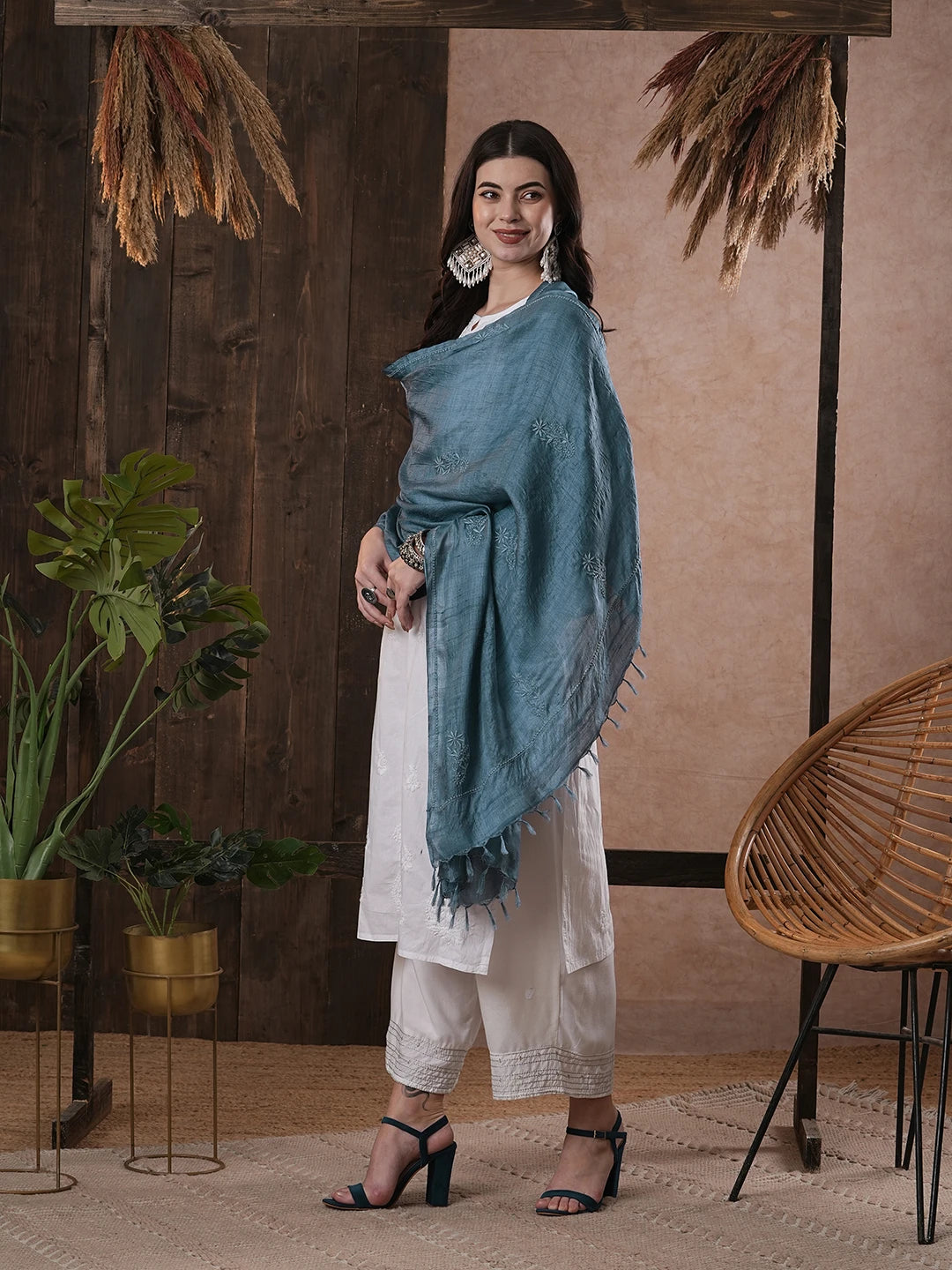 Ada Hand Embroidered Cool Blue Silk Lucknowi Chikankari Dupatta 01A292055