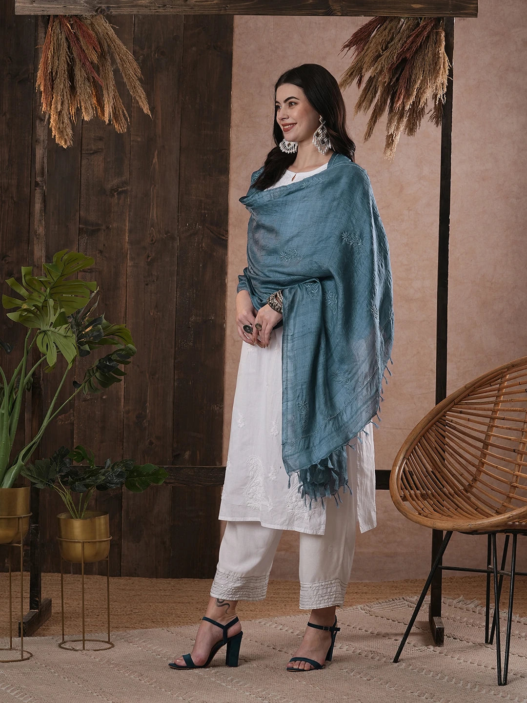 Ada Hand Embroidered Cool Blue Silk Lucknowi Chikankari Dupatta 01A292055