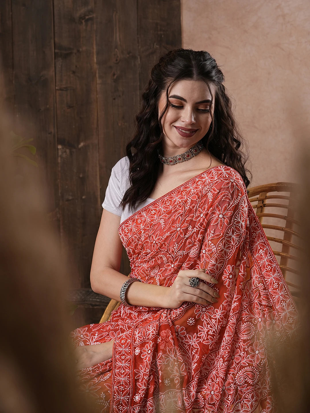 Ada Hand Embroidered Red Georgette Lucknowi Chikankari Saree With Blouse 01A345610