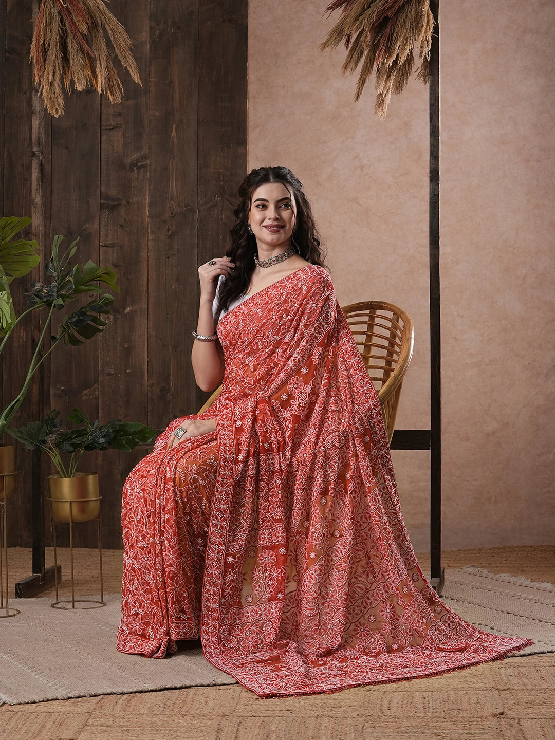 Ada Hand Embroidered Red Georgette Lucknowi Chikankari Saree With Blouse 01A345610