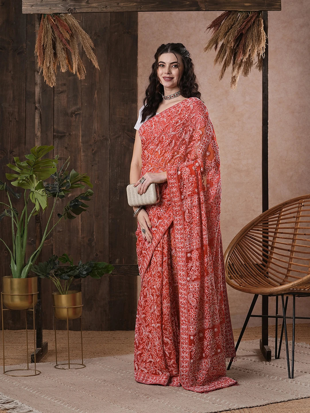 Ada Hand Embroidered Red Georgette Lucknowi Chikankari Saree With Blouse 01A345610