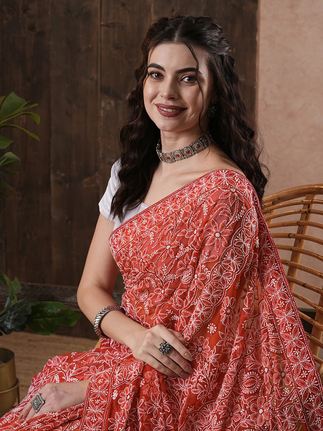 Ada Hand Embroidered Red Georgette Lucknowi Chikankari Saree With Blouse 01A345610