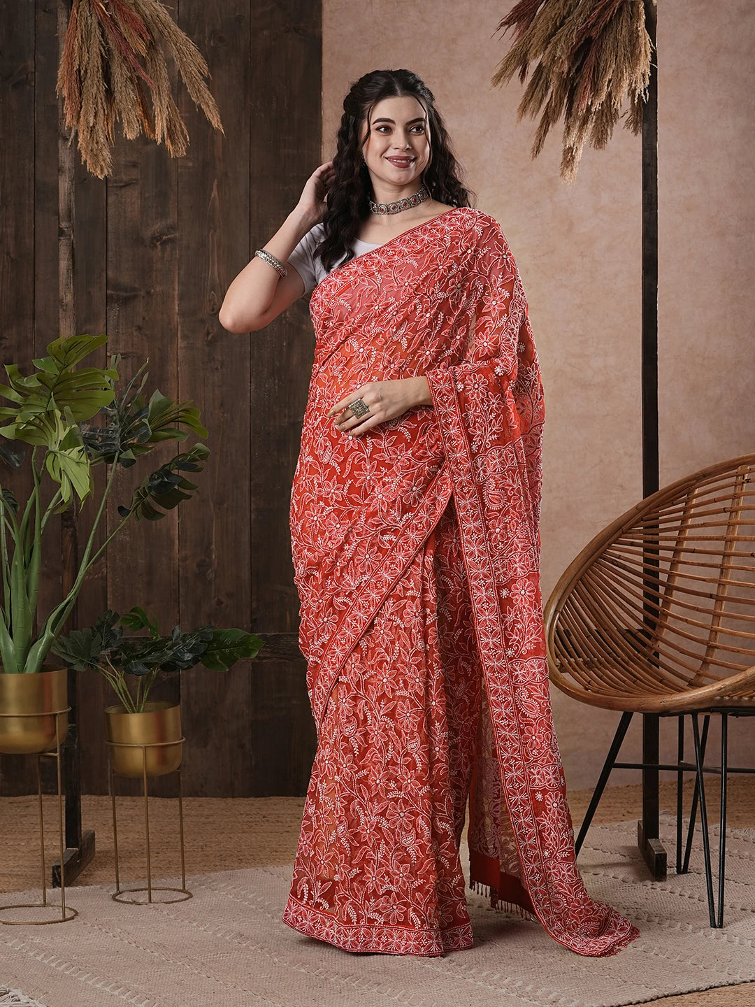Ada Hand Embroidered Red Georgette Lucknowi Chikankari Saree With Blouse 01A345610