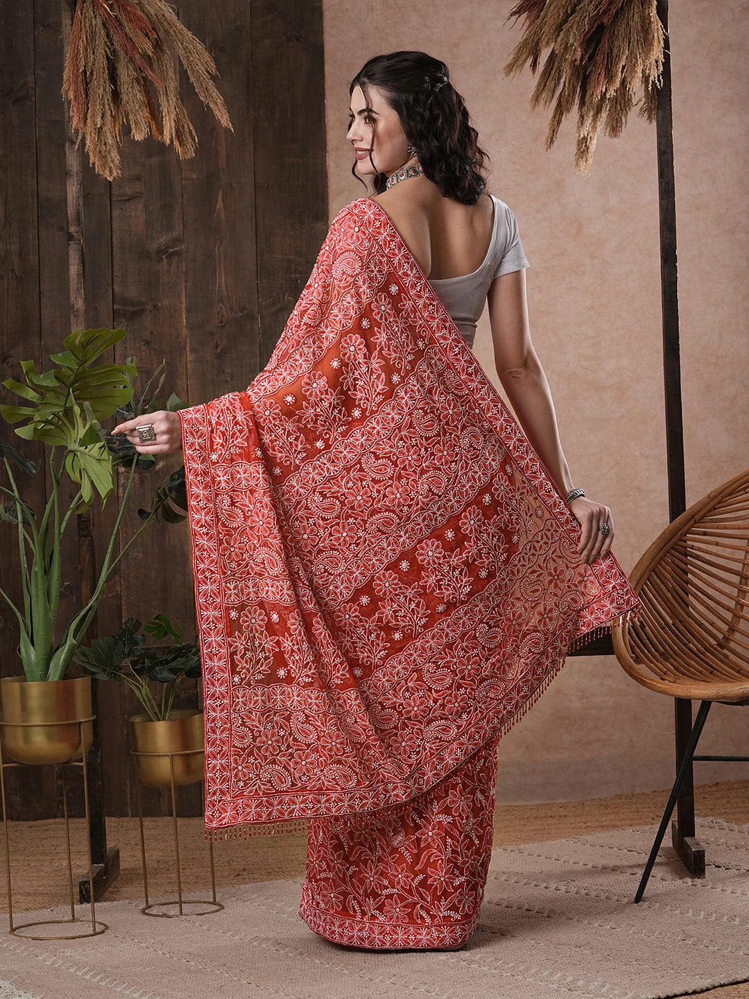 Ada Hand Embroidered Red Georgette Lucknowi Chikankari Saree With Blouse 01A345610
