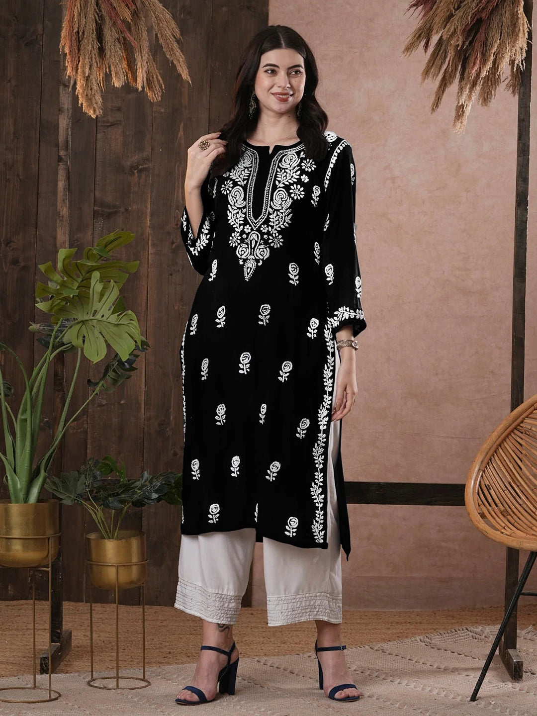 Ada Hand Embroidered Black Rayon Lucknowi Chikankari Straight Kurta A411540