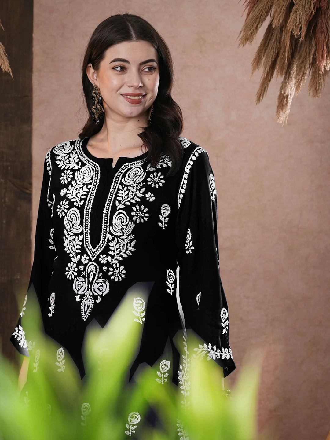 Ada Hand Embroidered Black Rayon Lucknowi Chikankari Straight Kurta A411540