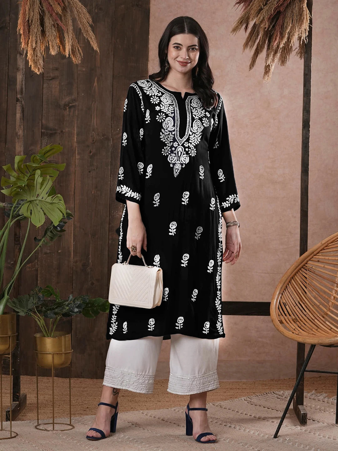Ada Hand Embroidered Black Rayon Lucknowi Chikankari Straight Kurta A411540