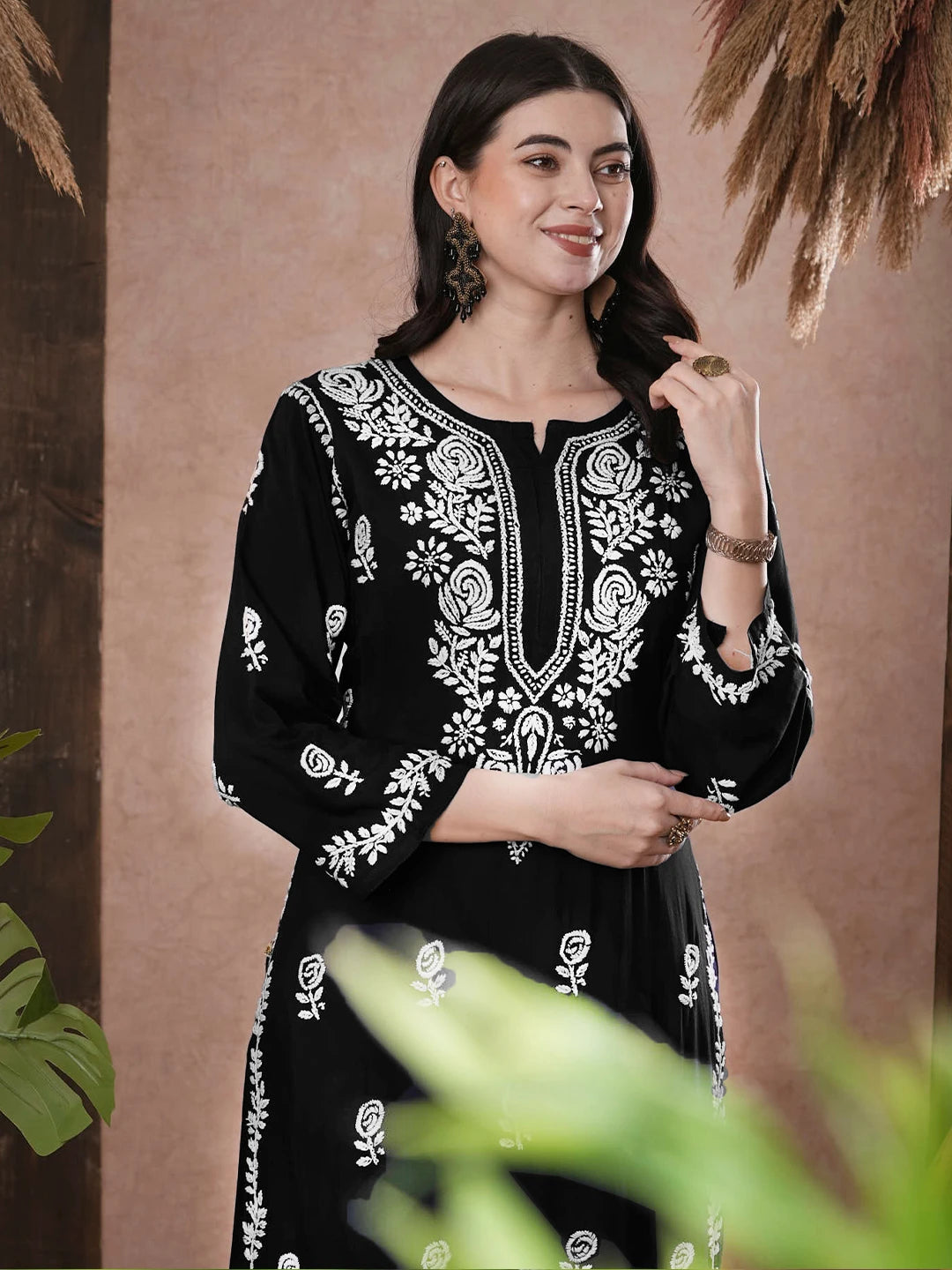 Ada Hand Embroidered Black Rayon Lucknowi Chikankari Straight Kurta A411540