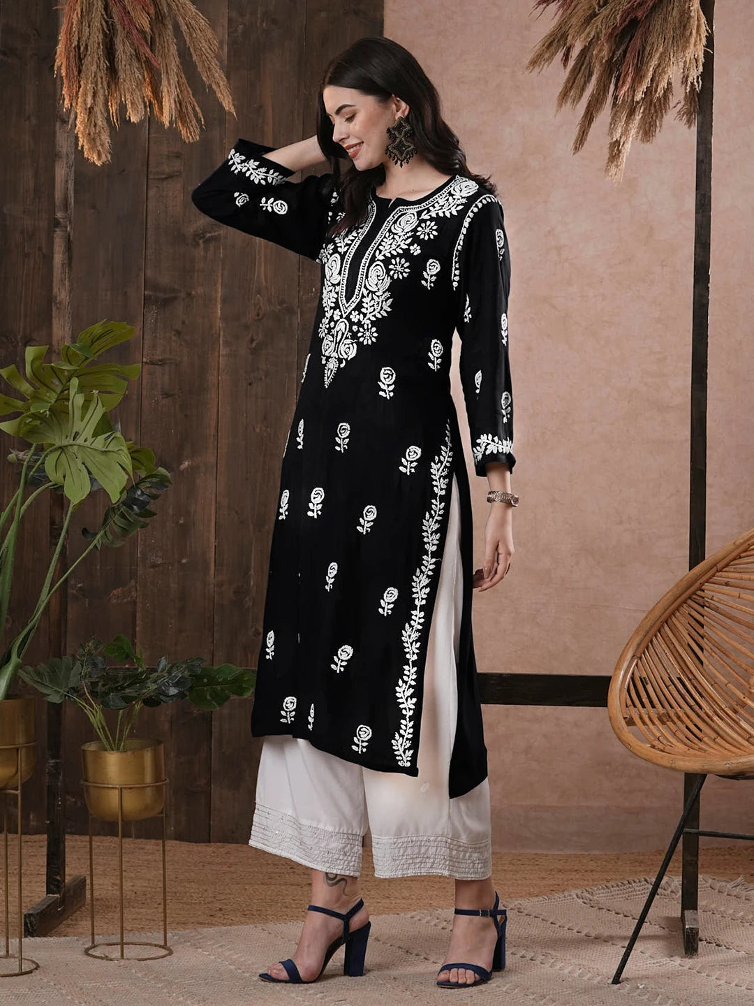 Ada Hand Embroidered Black Rayon Lucknowi Chikankari Straight Kurta A411540