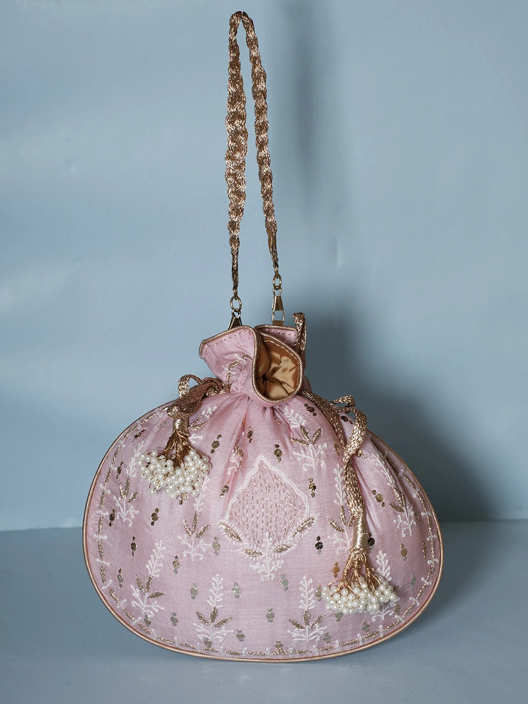 Ada Hand Embroidered Pink Silk Lucknowi Chikankari Potli Bag With Muqaish Work 01A539983