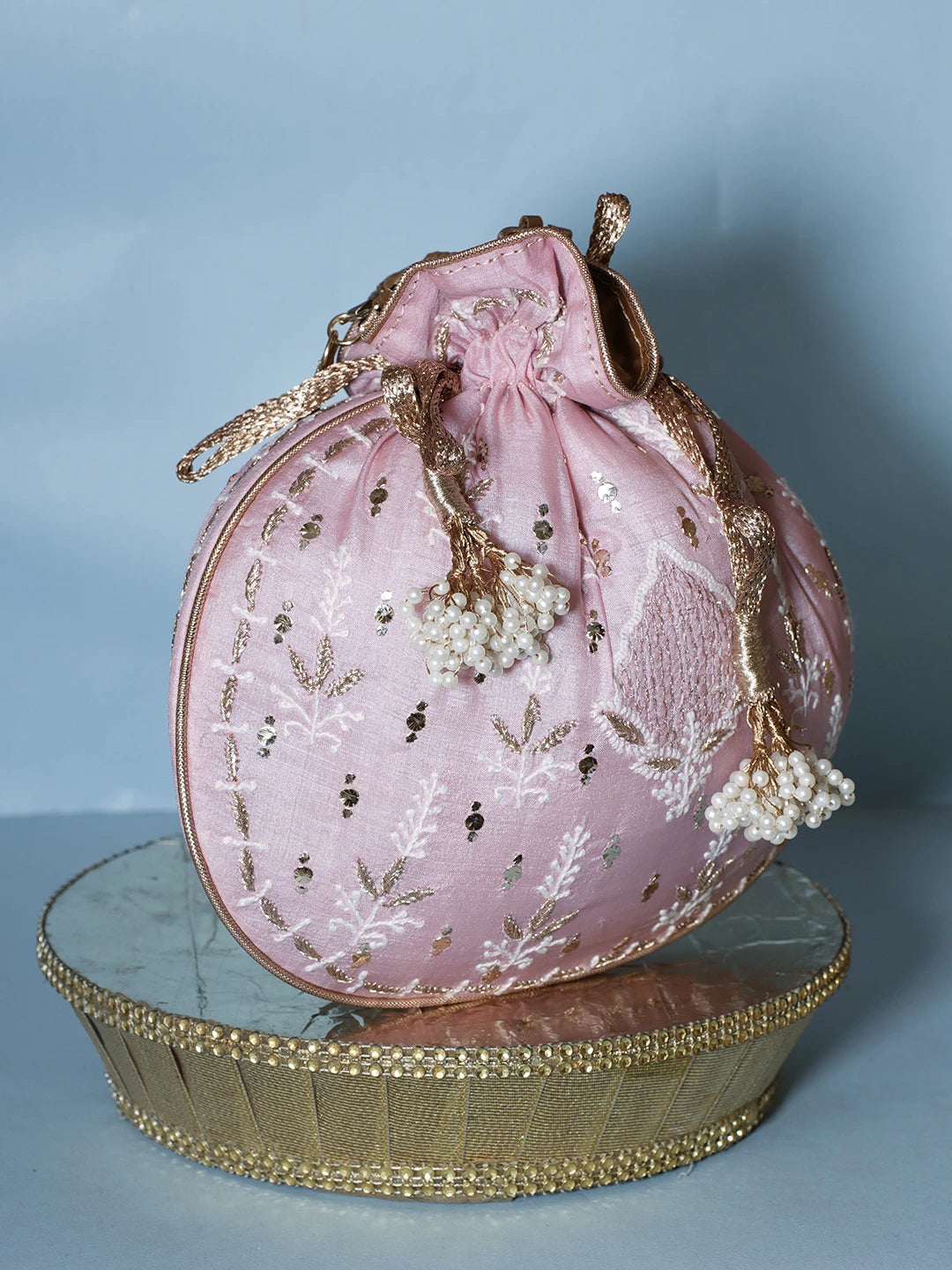 Ada Hand Embroidered Pink Silk Lucknowi Chikankari Potli Bag With Muqaish Work 01A539983
