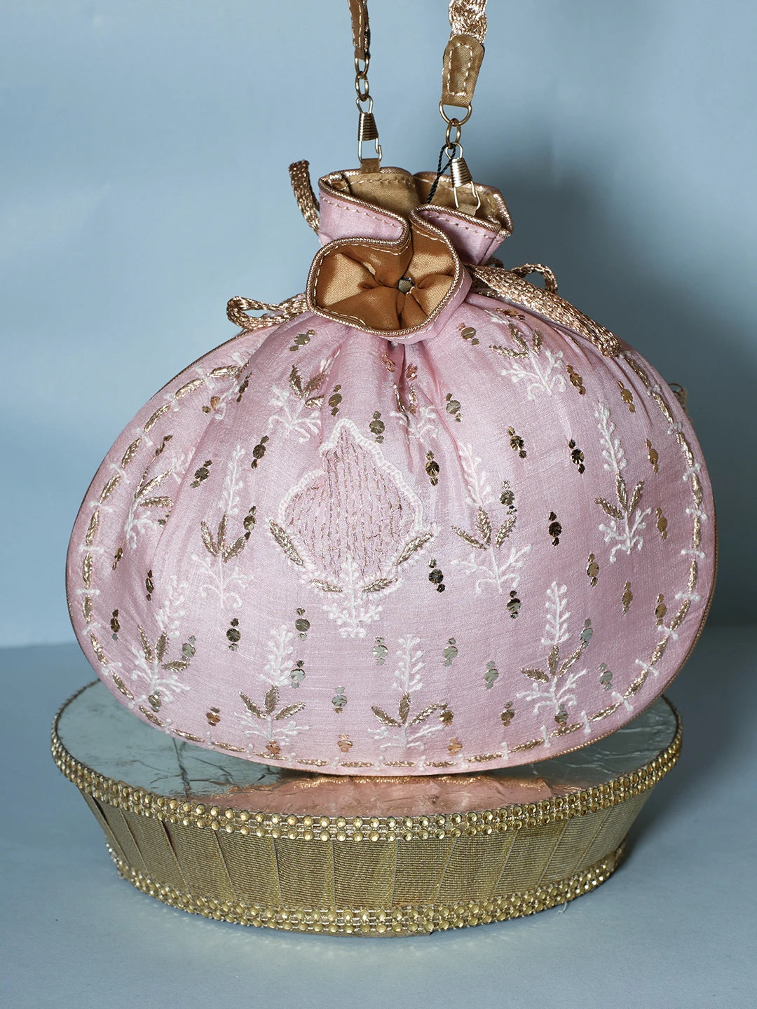 Ada Hand Embroidered Pink Silk Lucknowi Chikankari Potli Bag With Muqaish Work 01A539983