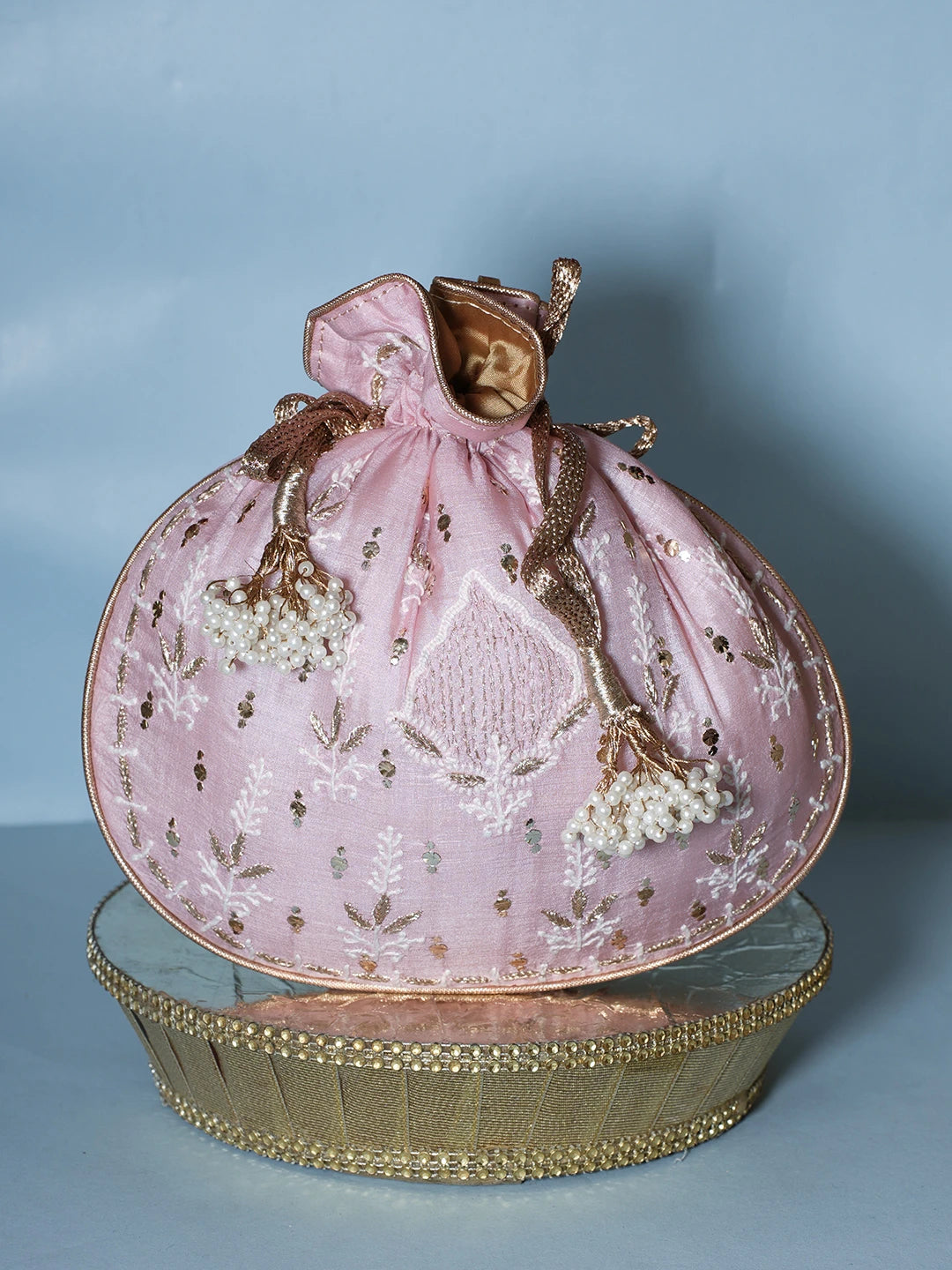 Ada Hand Embroidered Pink Silk Lucknowi Chikankari Potli Bag With Muqaish Work 01A539983