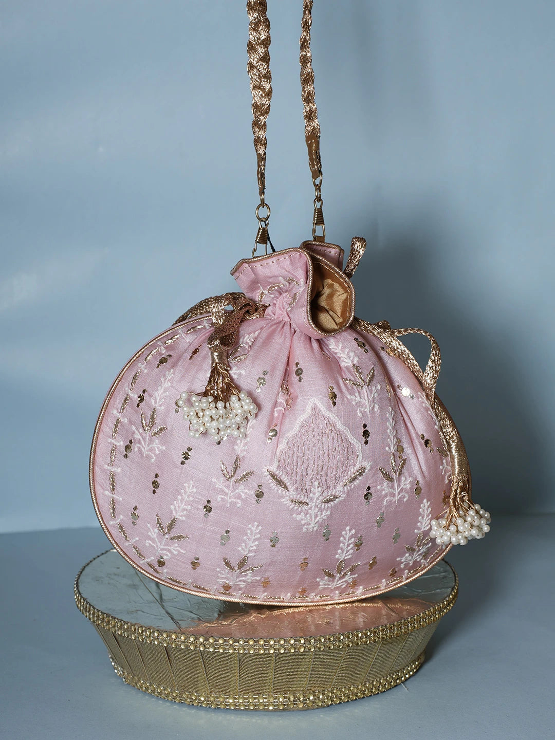 Ada Hand Embroidered Pink Silk Lucknowi Chikankari Potli Bag With Muqaish Work 01A539983
