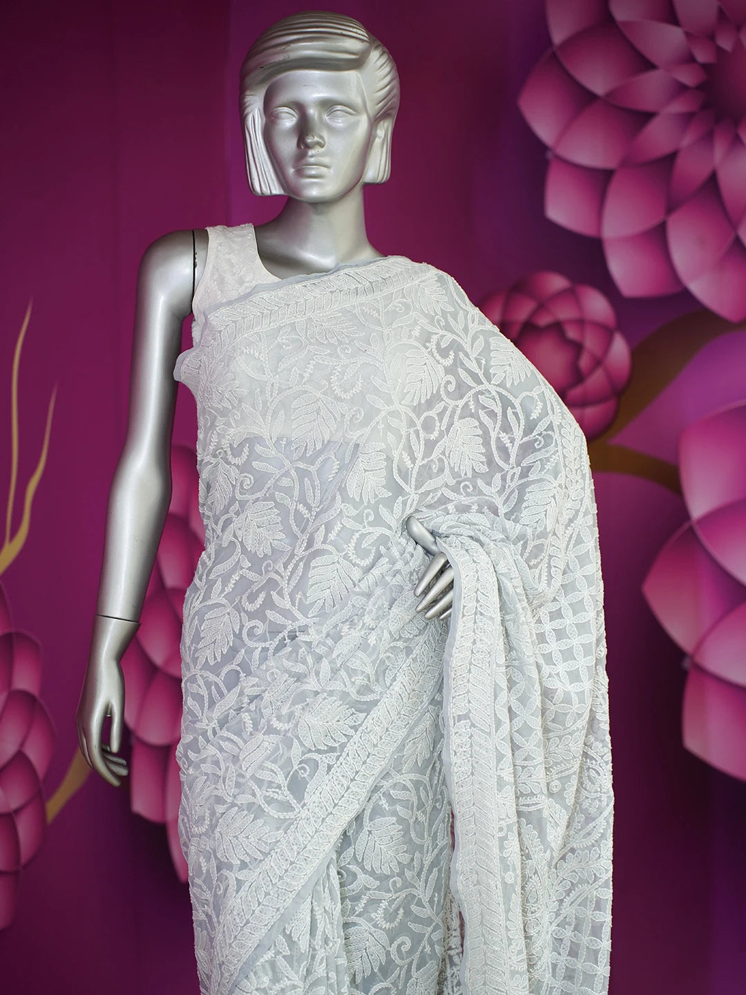 Ada Hand Embroidered Grey Georgette Lucknowi Chikankari Saree With Blouse 01A539270