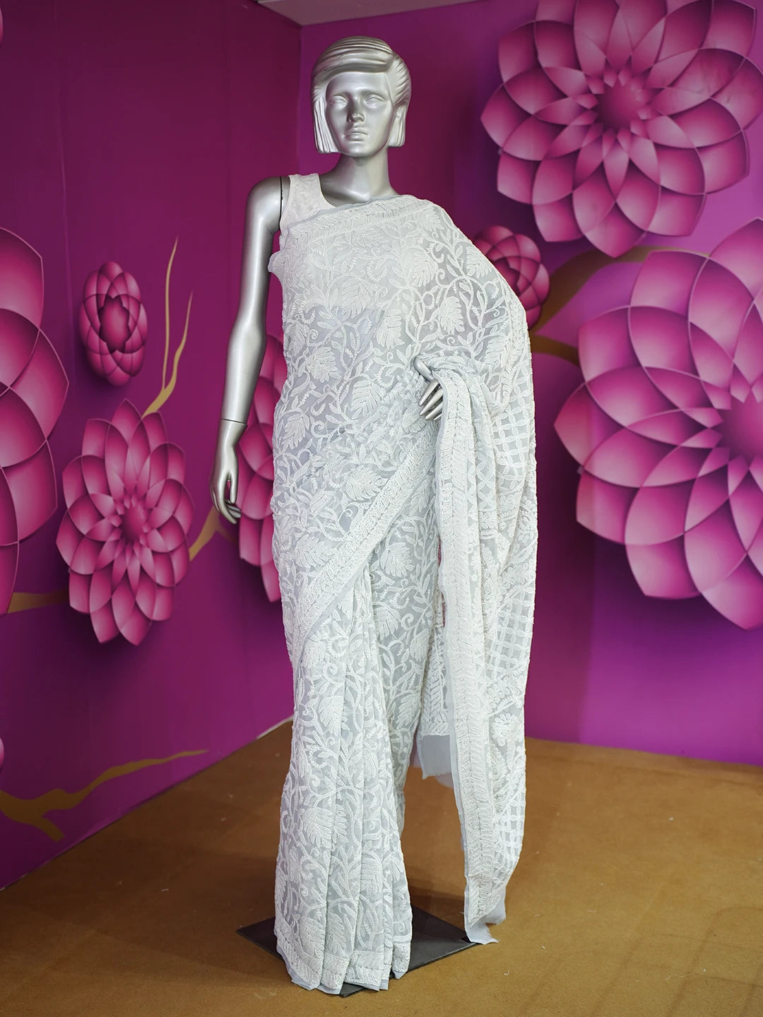 Ada Hand Embroidered Grey Georgette Lucknowi Chikankari Saree With Blouse 01A539270