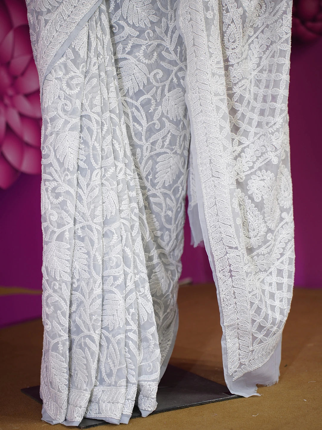 Ada Hand Embroidered Grey Georgette Lucknowi Chikankari Saree With Blouse 01A539270