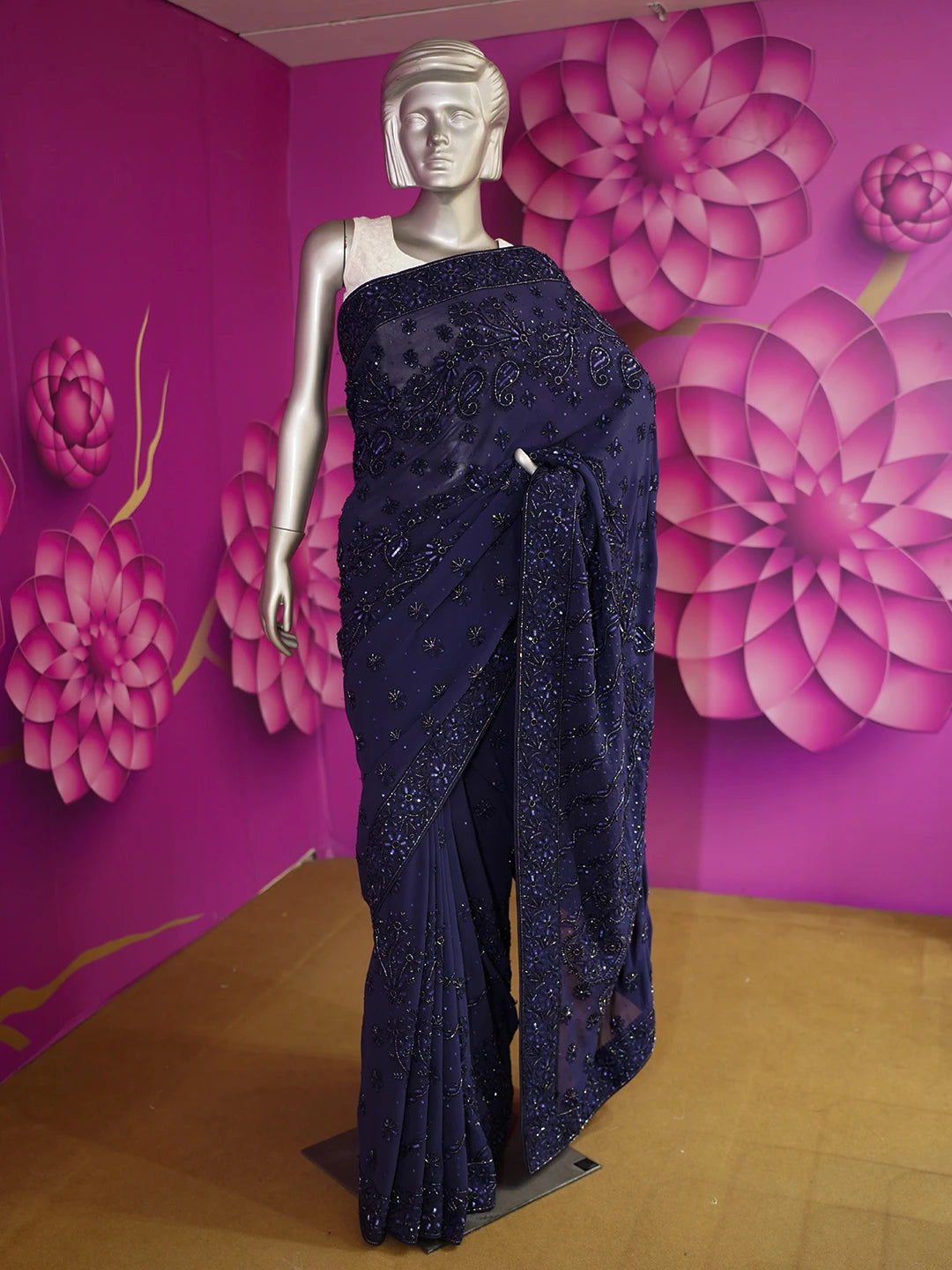 Ada Hand Embroidered Navy Blue Pure Georgette Lucknowi Chikankari Saree /Blouse With Sequinned Work 01A345216