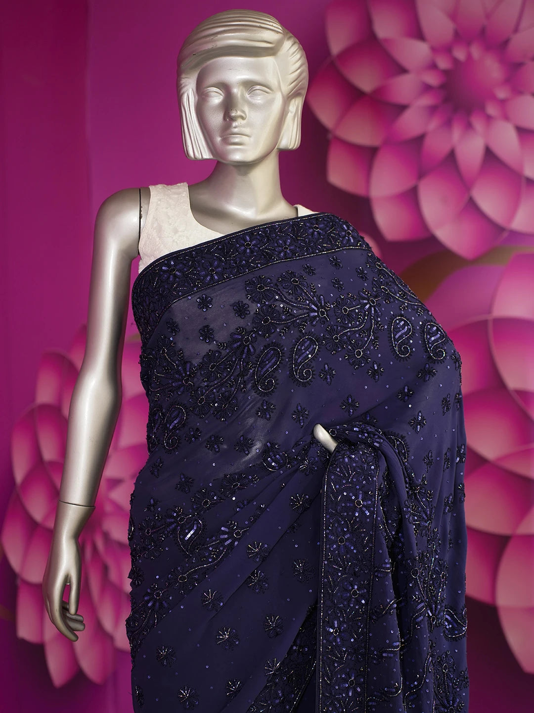 Ada Hand Embroidered Navy Blue Pure Georgette Lucknowi Chikankari Saree /Blouse With Sequinned Work 01A345216