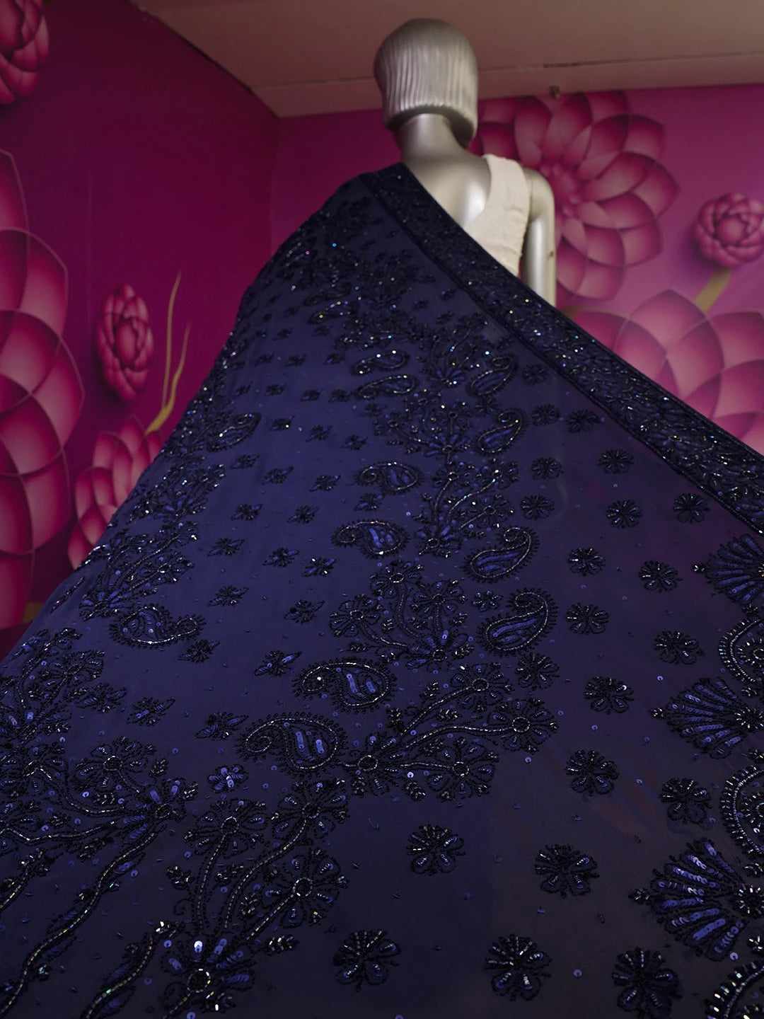 Ada Hand Embroidered Navy Blue Pure Georgette Lucknowi Chikankari Saree /Blouse With Sequinned Work 01A345216