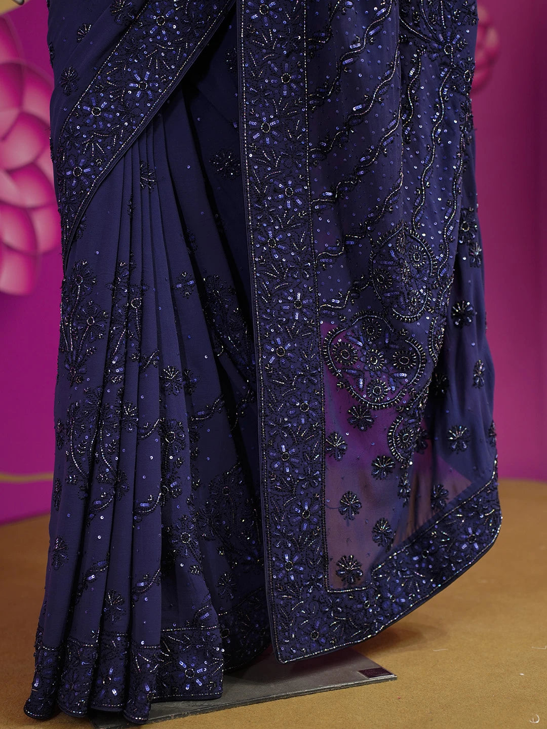 Ada Hand Embroidered Navy Blue Pure Georgette Lucknowi Chikankari Saree /Blouse With Sequinned Work 01A345216