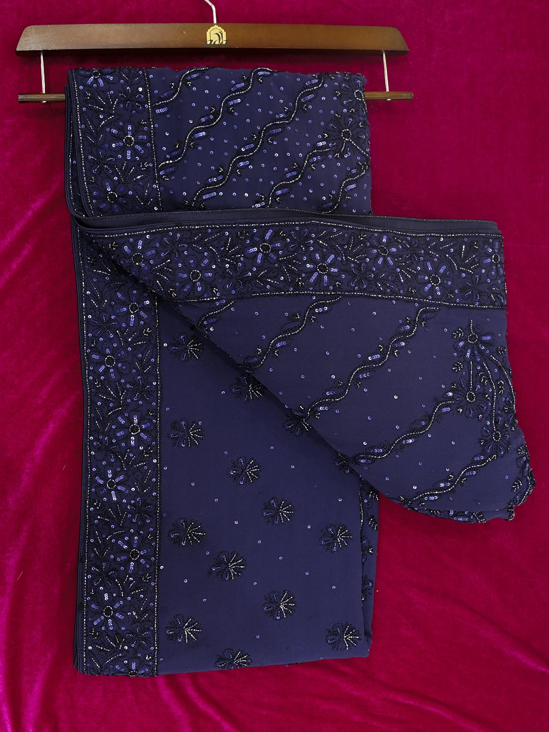 Ada Hand Embroidered Navy Blue Pure Georgette Lucknowi Chikankari Saree /Blouse With Sequinned Work 01A345216