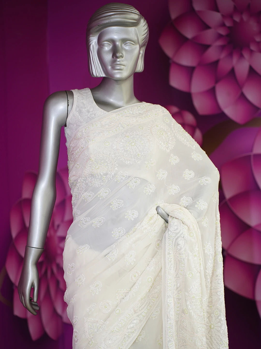 Ada Hand Embroidered White Pure Georgette Lucknowi Chikankari Saree/Blouse With Sequinned Work 01A513004