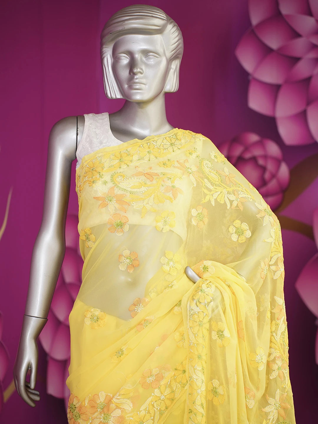 Ada Hand Embroidered Yellow Georgette Lucknowi Chikankari Saree and Blouse 01A538965