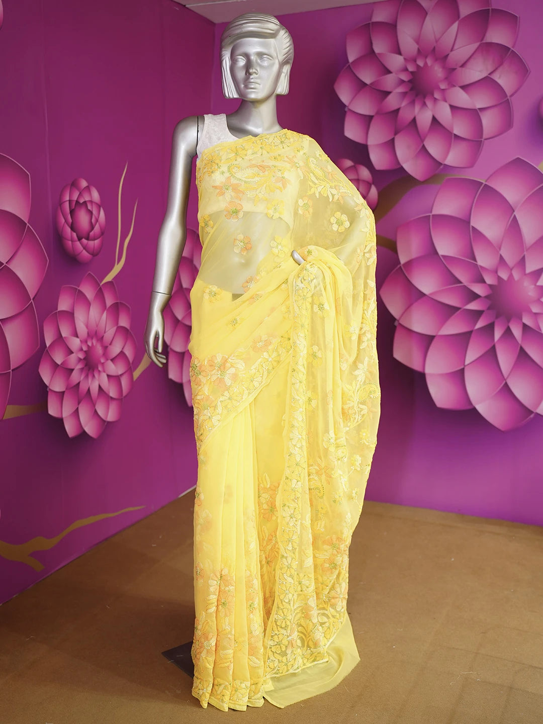 Ada Hand Embroidered Yellow Georgette Lucknowi Chikankari Saree and Blouse 01A538965