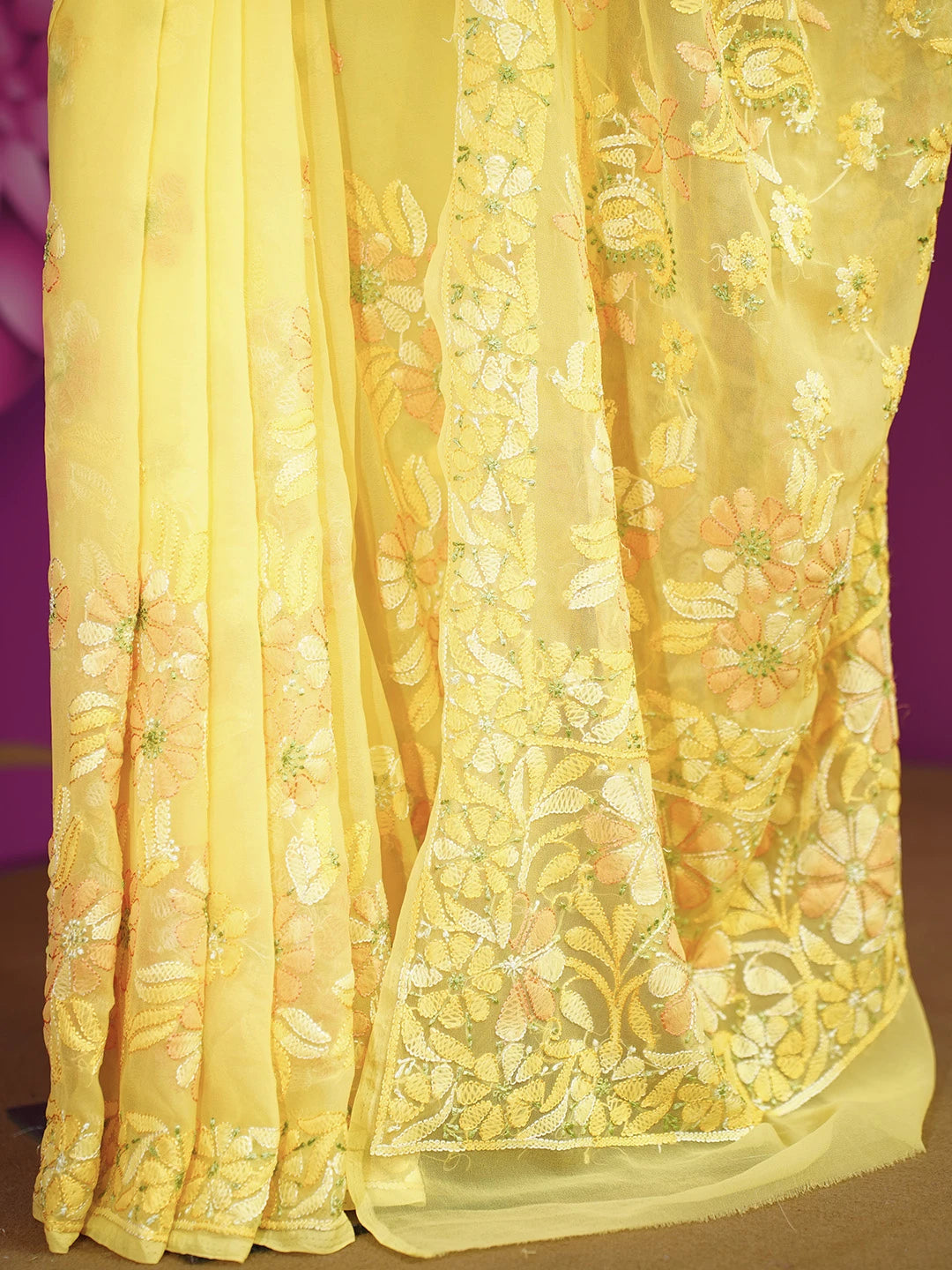 Ada Hand Embroidered Yellow Georgette Lucknowi Chikankari Saree and Blouse 01A538965