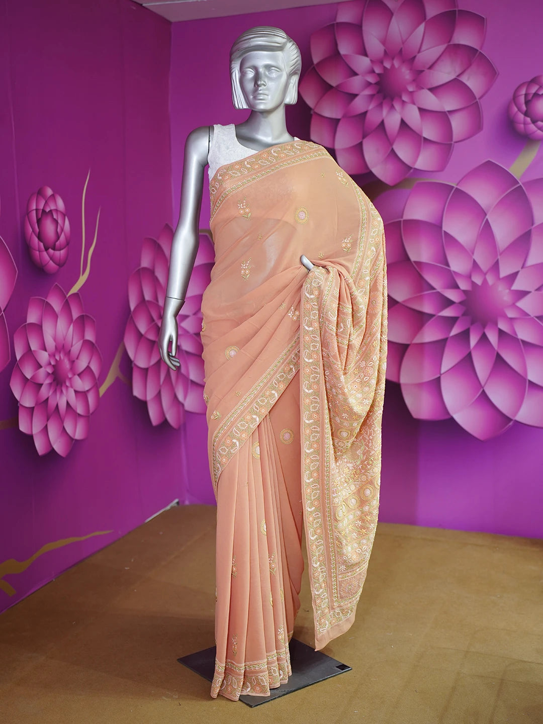 Ada Hand Embroidered Rust Pure Georgette Lucknowi Chikankari Saree and Blouse With Zari Work 01A330785