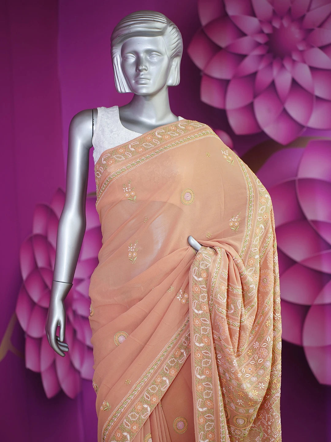 Ada Hand Embroidered Rust Pure Georgette Lucknowi Chikankari Saree and Blouse With Zari Work 01A330785
