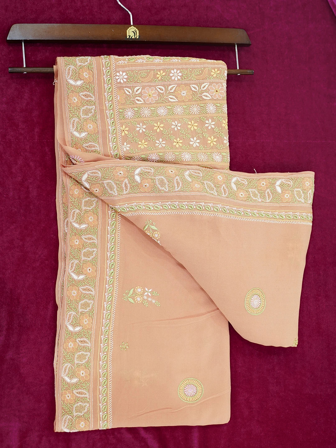 Ada Hand Embroidered Rust Pure Georgette Lucknowi Chikankari Saree and Blouse With Zari Work 01A330785