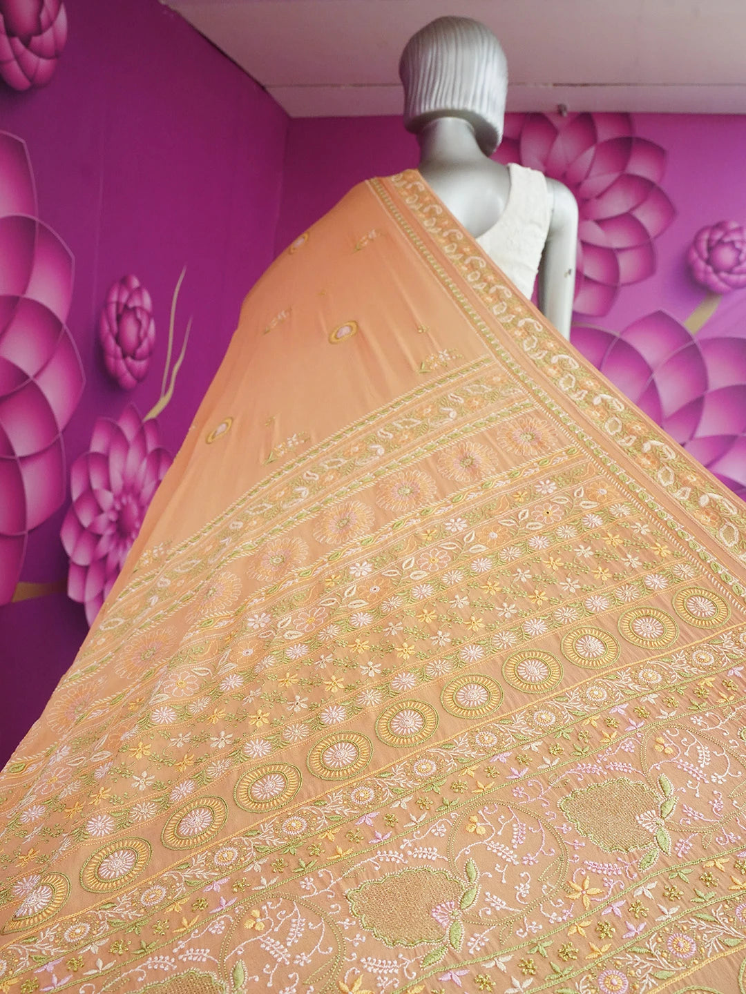 Ada Hand Embroidered Rust Pure Georgette Lucknowi Chikankari Saree and Blouse With Zari Work 01A330785